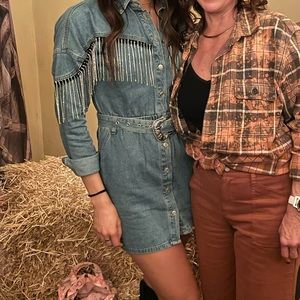 Denim dress with diamond fringe